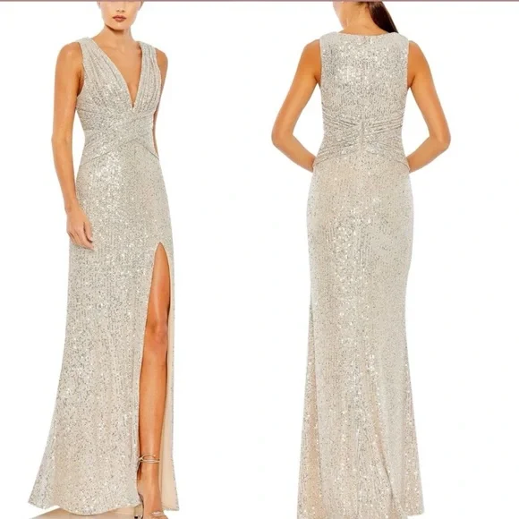 IEENA MAC DUGGAL NUDE SILVER FORMAL DRESS GOWN SEQUIN EMBELLISHED WOMEN’S SZ 12 - Picture 2 of 13